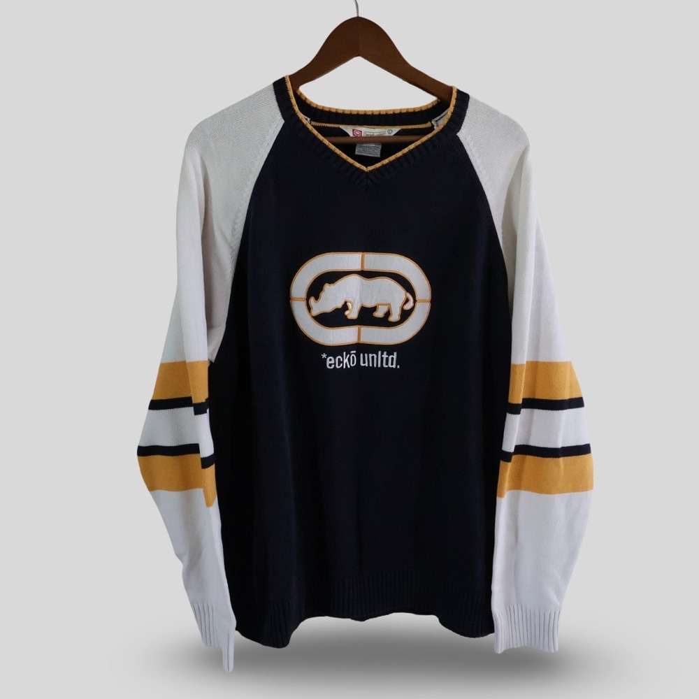 Vintage Y2K Ecko Unltd Rhino Logo V-Neck Sweater Navy Blue White Mens Size Large
